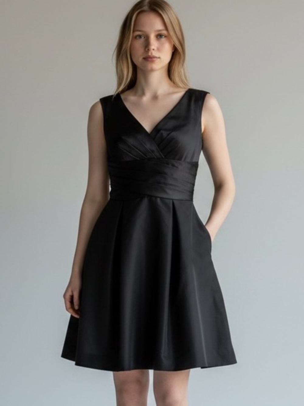 David's Bridal Black Satin Cocktail Fit & Flare a-line midi Little Black Dress